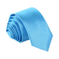 Light blue narrow necktie, solid color with woven texture and bundled folds