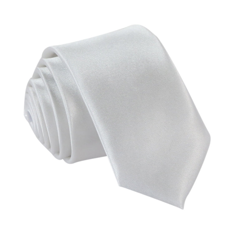 White narrow necktie, solid color with woven texture and rolled stack detail