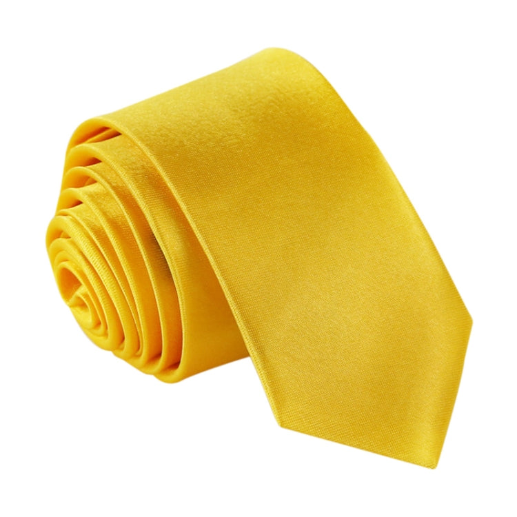 Yellow narrow necktie, solid color with woven texture and stacked roll detail