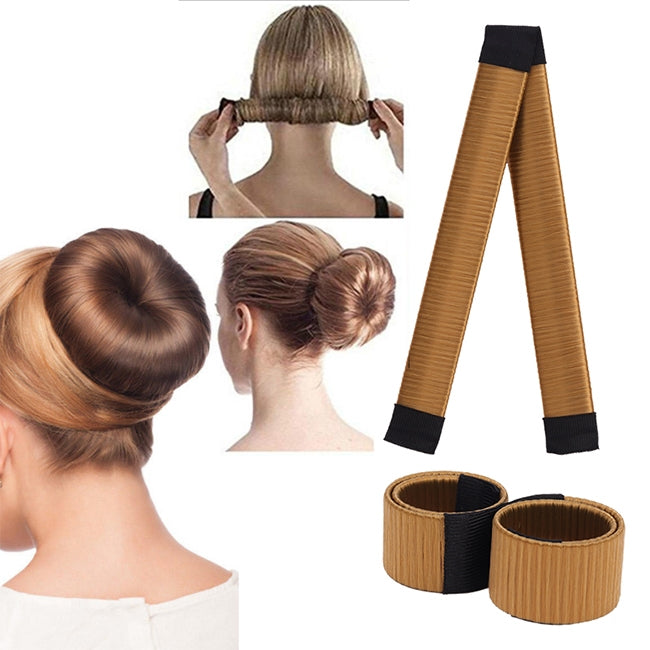 3-piece hair bun maker donuts with elastic bands in beige and black, styling set