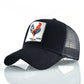 Embroidered animal baseball cap, black with rooster patch and mesh back