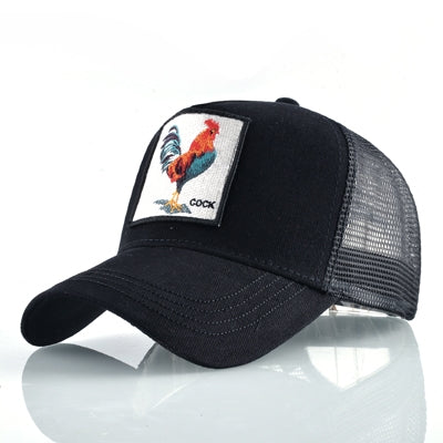 Embroidered animal baseball cap, black with rooster patch and mesh back