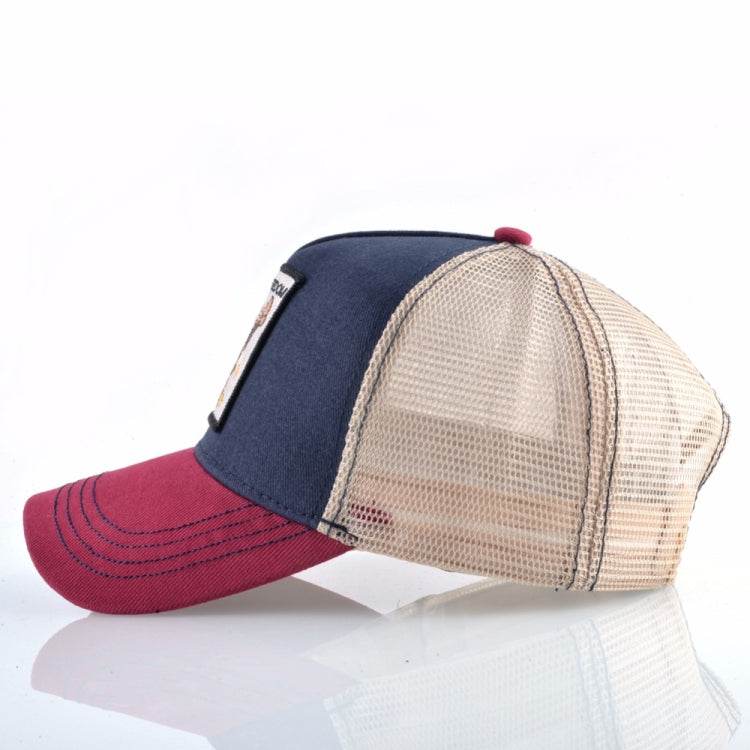 Embroidered animal baseball cap, navy crown with bird patch, maroon brim, tan mesh sides.