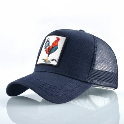 Cotton embroidered animal baseball cap, navy front with dark mesh and curved brim