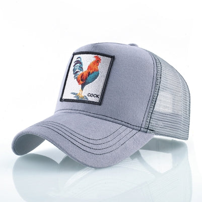 Cotton embroidered animal baseball cap, light gray front with light mesh and curved brim
