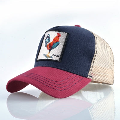 Cotton embroidered animal baseball cap, dark blue front with beige mesh and maroon brim