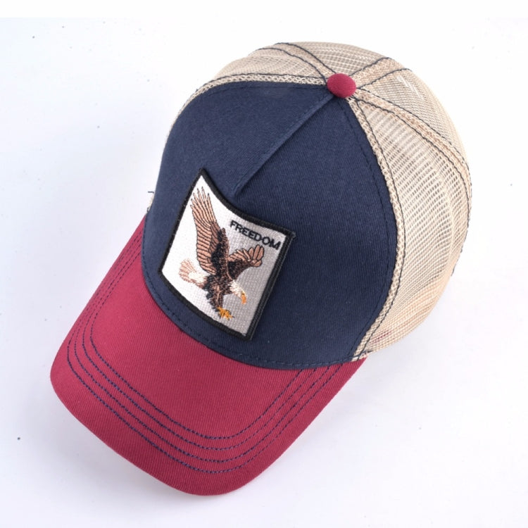 Embroidered animal baseball cap in navy and burgundy with beige mesh and bird patch.