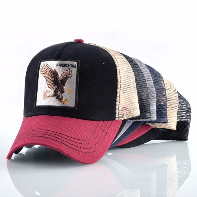 Embroidered animal baseball cap with black front, beige and black mesh back, and rooster patch.