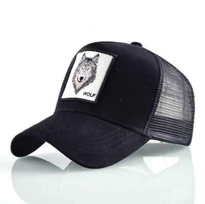Embroidered animal baseball cap in black with black mesh and wolf patch labeled “WOLVES”.