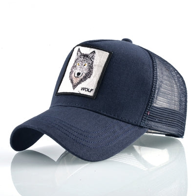 Embroidered animal baseball cap, navy with wolf patch and mesh back