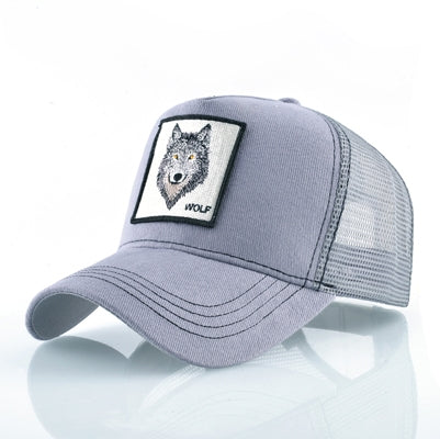 Embroidered animal baseball cap, light gray with wolf patch and mesh back