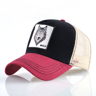 Embroidered animal baseball cap, black front with wolf patch, tan mesh and burgundy brim