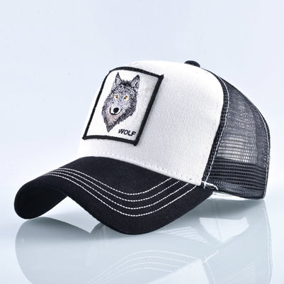Embroidered animal baseball cap, white and dark trim with wolf patch on front and mesh side panels.