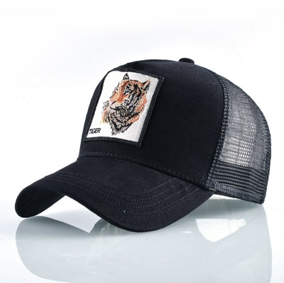 Cotton embroidered animal baseball cap, black front with dark mesh and curved brim