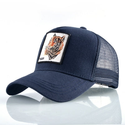 Cotton embroidered animal baseball cap, dark blue front with dark mesh and curved brim
