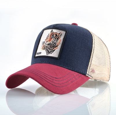 Cotton embroidered animal baseball cap, navy front with beige mesh and maroon brim