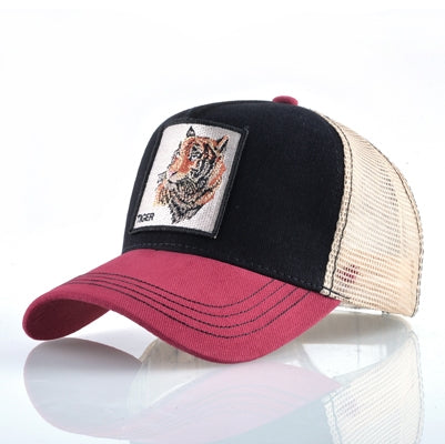 Black and burgundy trucker cap with beige mesh back and embroidered tiger patch