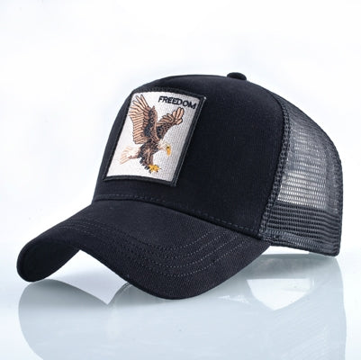 Embroidered animal baseball cap, black with eagle patch and mesh back
