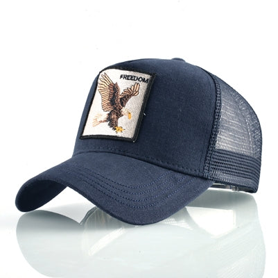 Embroidered animal baseball cap, navy with eagle patch and mesh back