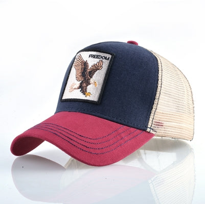 Embroidered animal baseball cap, navy front with eagle patch, tan mesh and burgundy brim