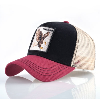 Cotton embroidered animal baseball cap, black front with beige mesh and maroon brim