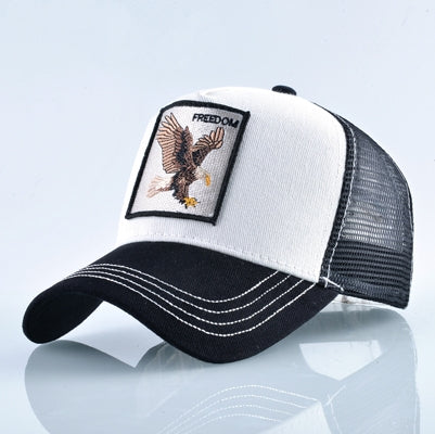 Cotton embroidered animal baseball cap, white front with dark mesh and black brim