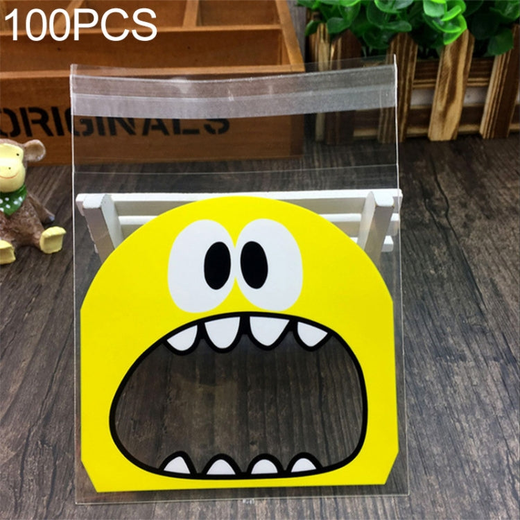 Yellow monster-mouth cookie gift plastic bag with printed face and clear window