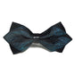 Detachable men's bow tie with black base and blue wavy stripe pattern, black center strap