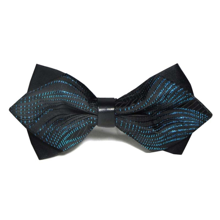 Detachable men's bow tie with black base and blue wavy stripe pattern, black center strap