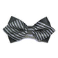 Detachable men's bow tie with dark base and silver striped pattern, black center strap