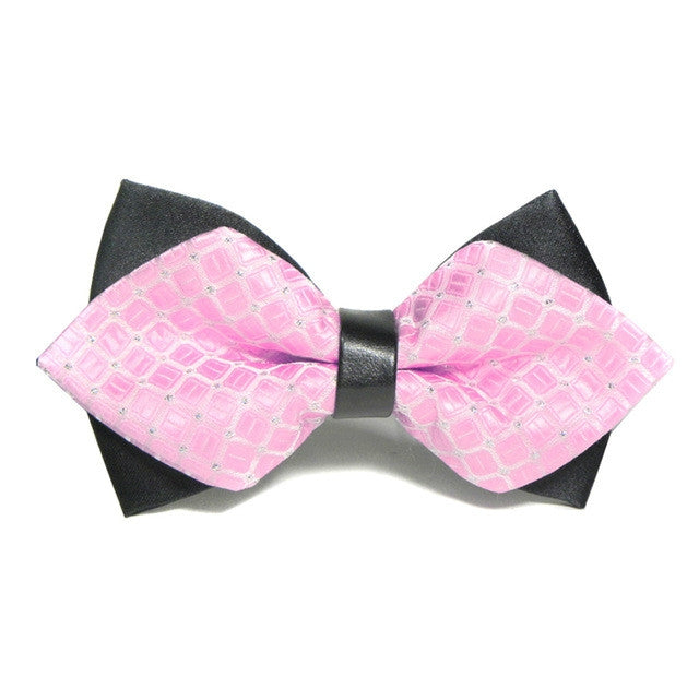 Detachable men bow tie with black center and pink geometric pattern fabric