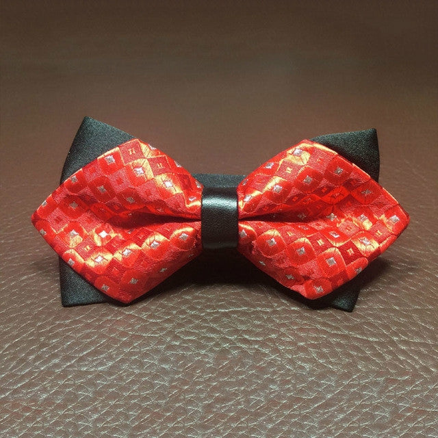 Detachable men bow tie with black center and red geometric pattern fabric