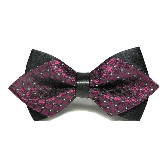 Detachable men bow tie with black center and dark purple geometric pattern fabric
