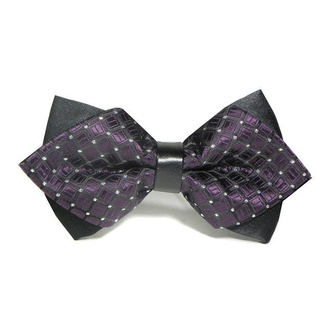 Detachable men bow tie with black center and purple geometric pattern fabric