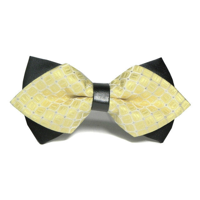 Detachable men's tuxedo bow tie with pale yellow geometric pattern and black accents