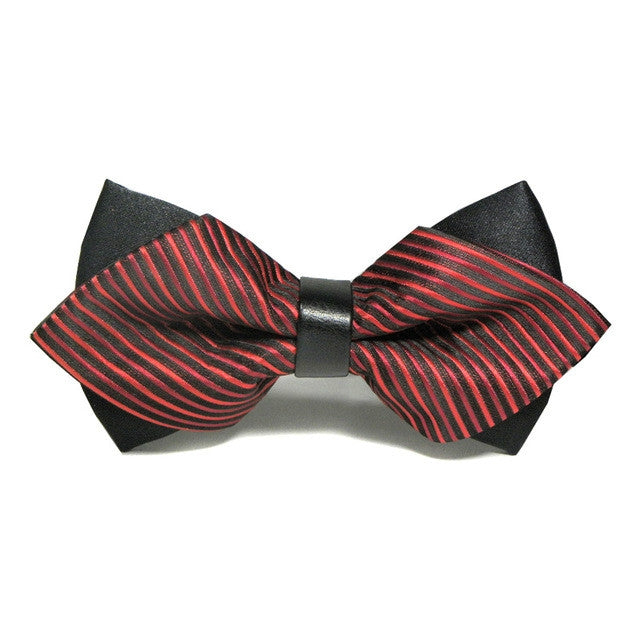 Detachable men's tuxedo bow tie with black base and red striped pattern