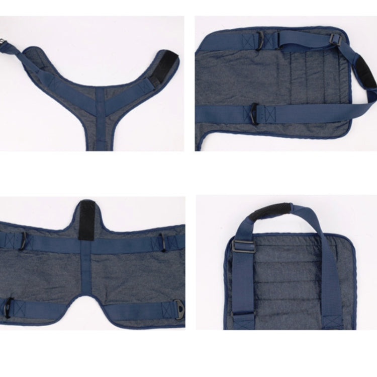 Dark blue dog chest harness detail view with padded straps and front fastening buckles