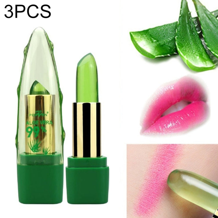 Color-changing aloe vera lip balm set, green lipsticks with clear balm and pink swatch