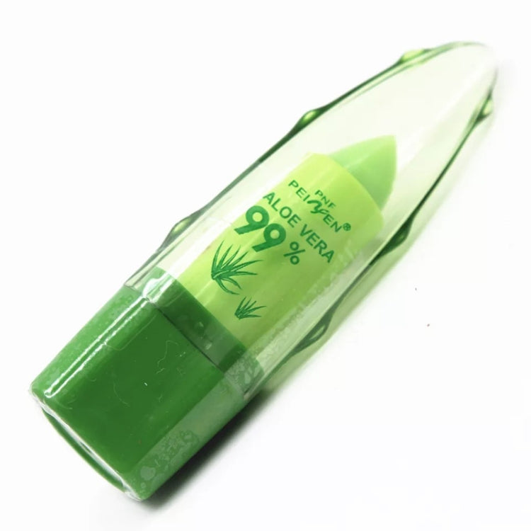 Aloe vera lip balm bullet, clear green tube with green base in angled close-up