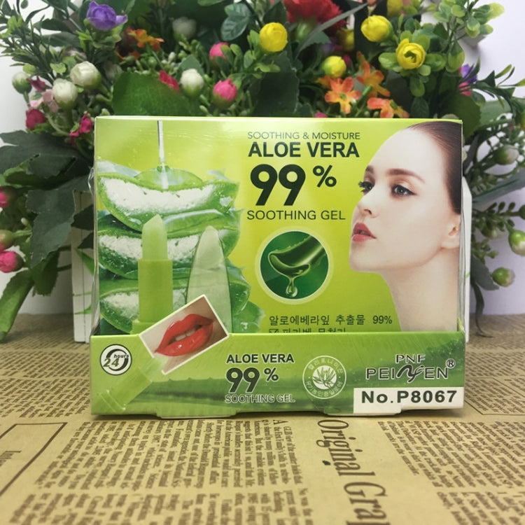 PNF PEIYEN aloe vera lip balm retail box, green 99% soothing gel with lip illustration
