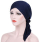 Navy curved wrap cap turban hat with long side tie tail and back knot