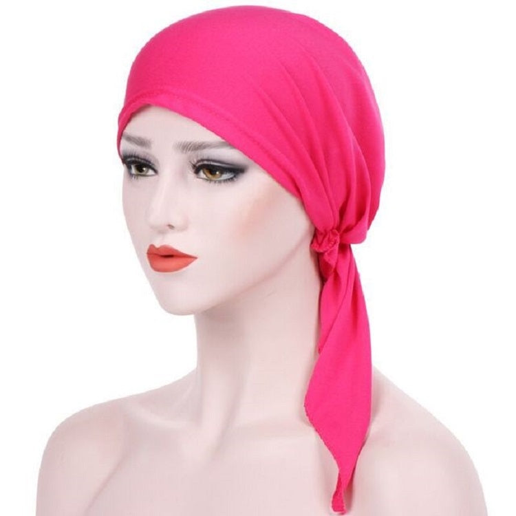 Rose red curved wrap cap turban hat with long side tie tail and side knot