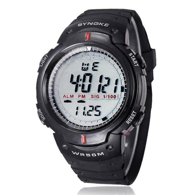Men's waterproof SYNOKE LED sports watch with black strap, round digital display, red indicators