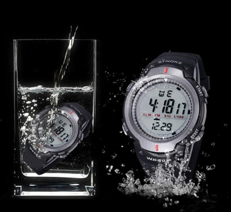 Men's waterproof SYNOKE LED sports watch with black case and water-splashed digital face, red accents