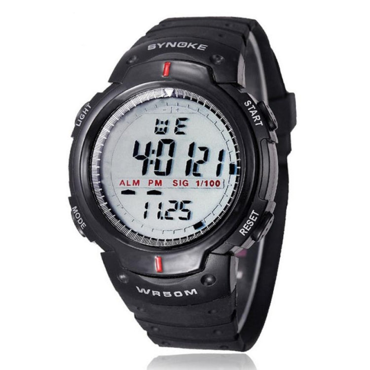 Men's waterproof SYNOKE LED sports watch with black strap and round LED digital display