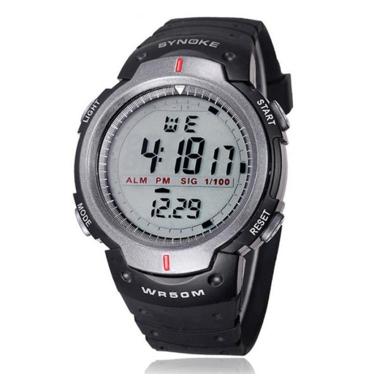Men's waterproof SYNOKE LED sports watch with gray digital screen and black rugged case