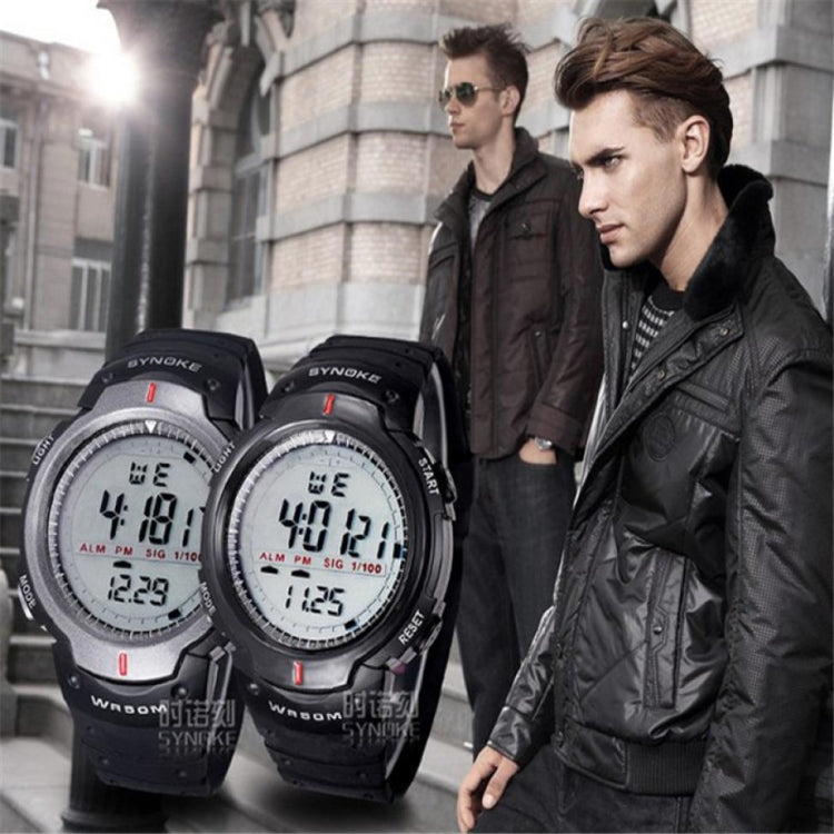 Two men's SYNOKE waterproof LED sports watches on wrists, black cases and round digital faces