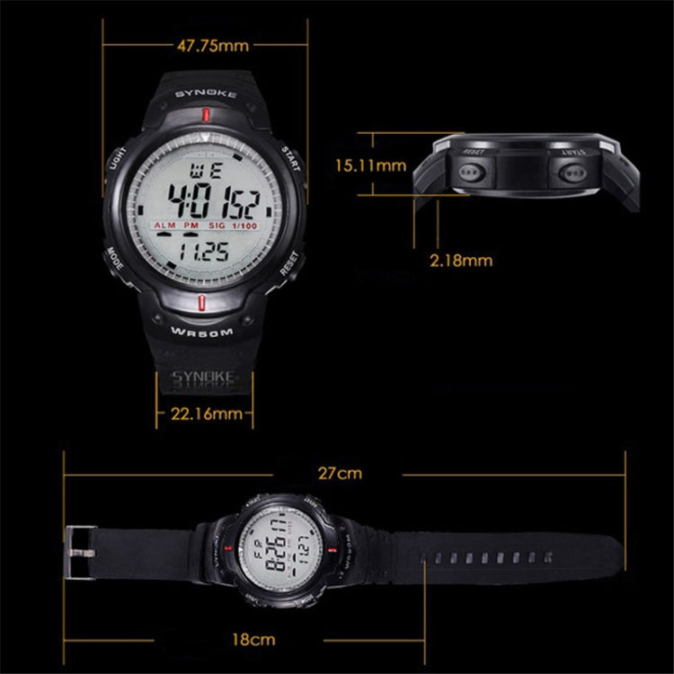 Men's SYNOKE waterproof LED sports watch with measurement diagram for case and strap