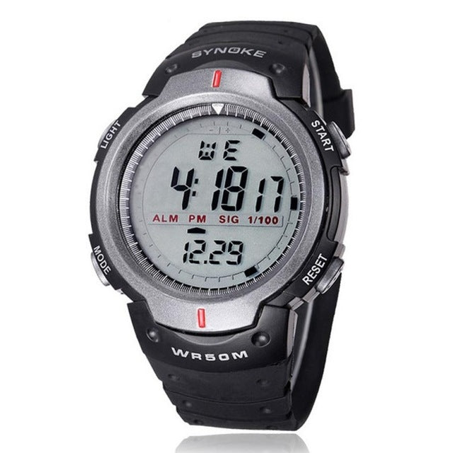 Men's waterproof SYNOKE LED sports watch with gray digital screen and black strap
