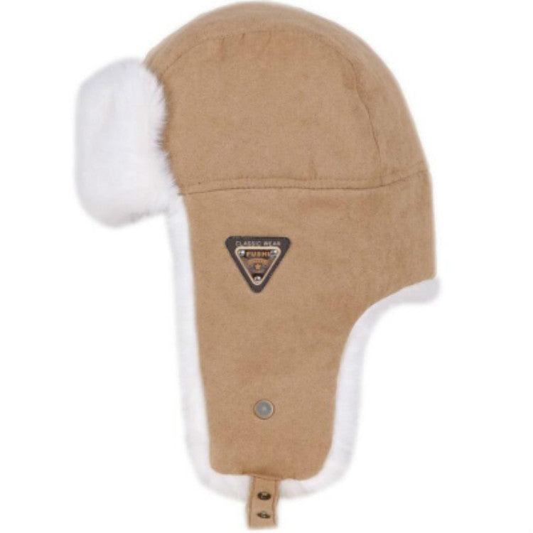 Khaki winter ear-flap ushanka hat with white faux fur trim, front button, and chin strap